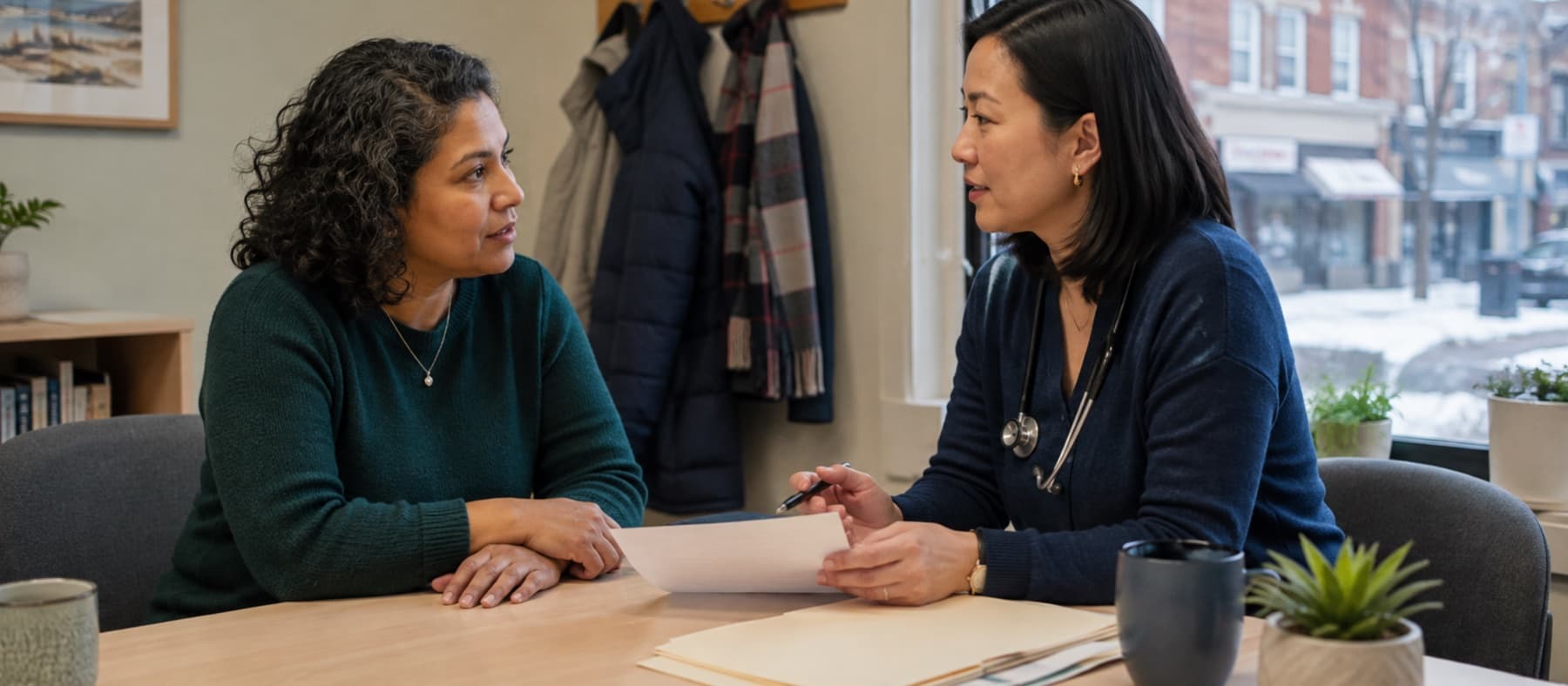 Midlife adult discussing a blank treatment checklist with a clinician in a Canadian consultation room