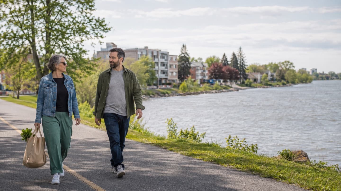 Two people walking beside a river in a leafy neighbourhood