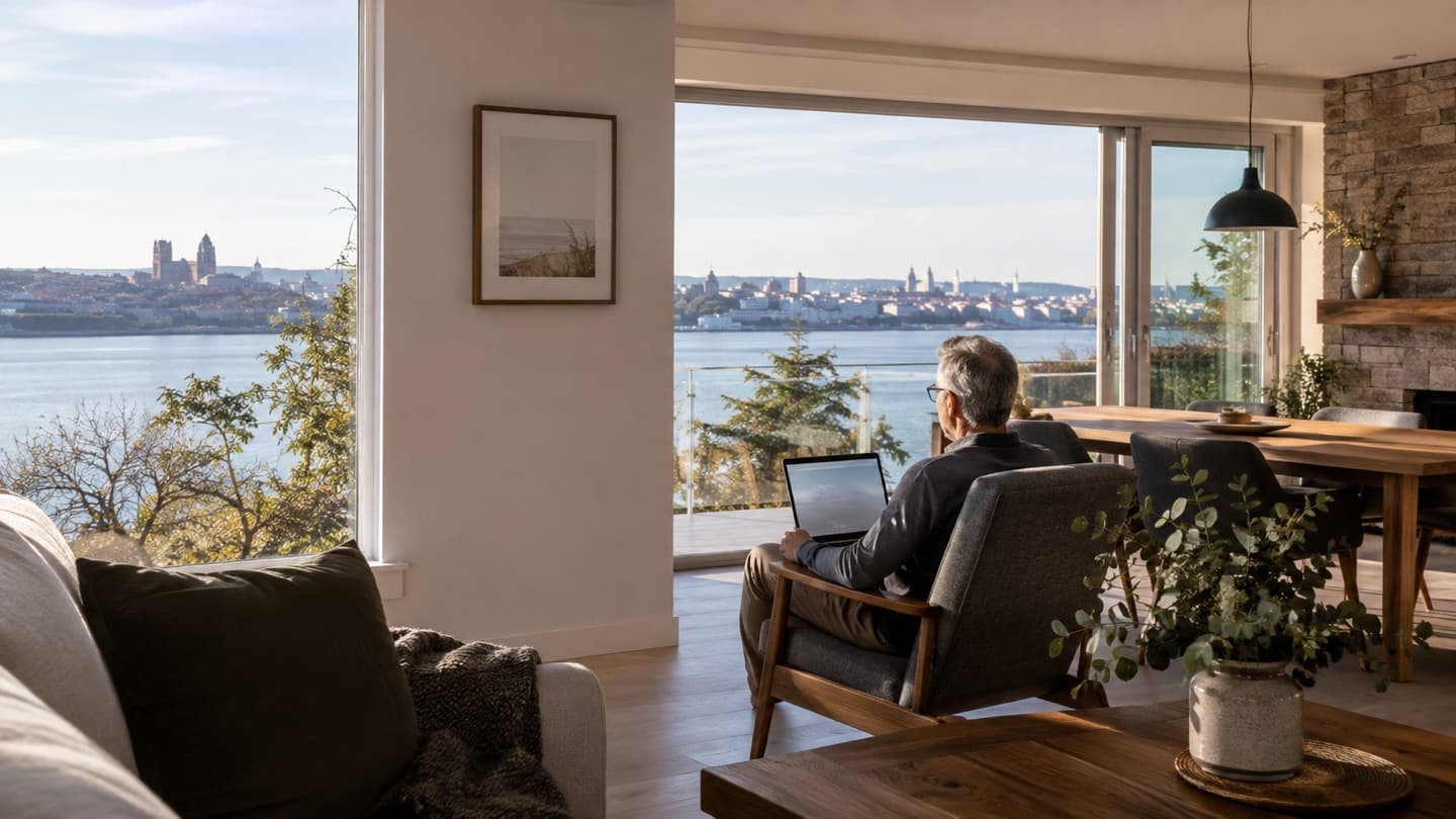 Adult using a laptop at home overlooking the St. Lawrence River from Lévis