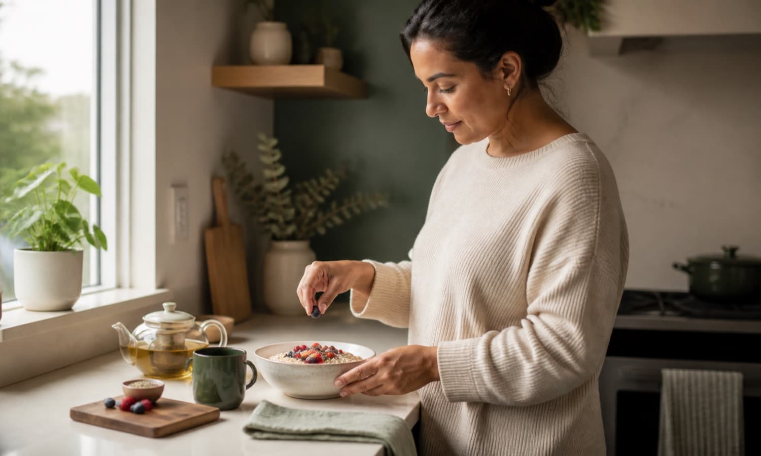 Une adulte prépare du gruau, des petits fruits et du thé dans une cuisine calme à la maison.