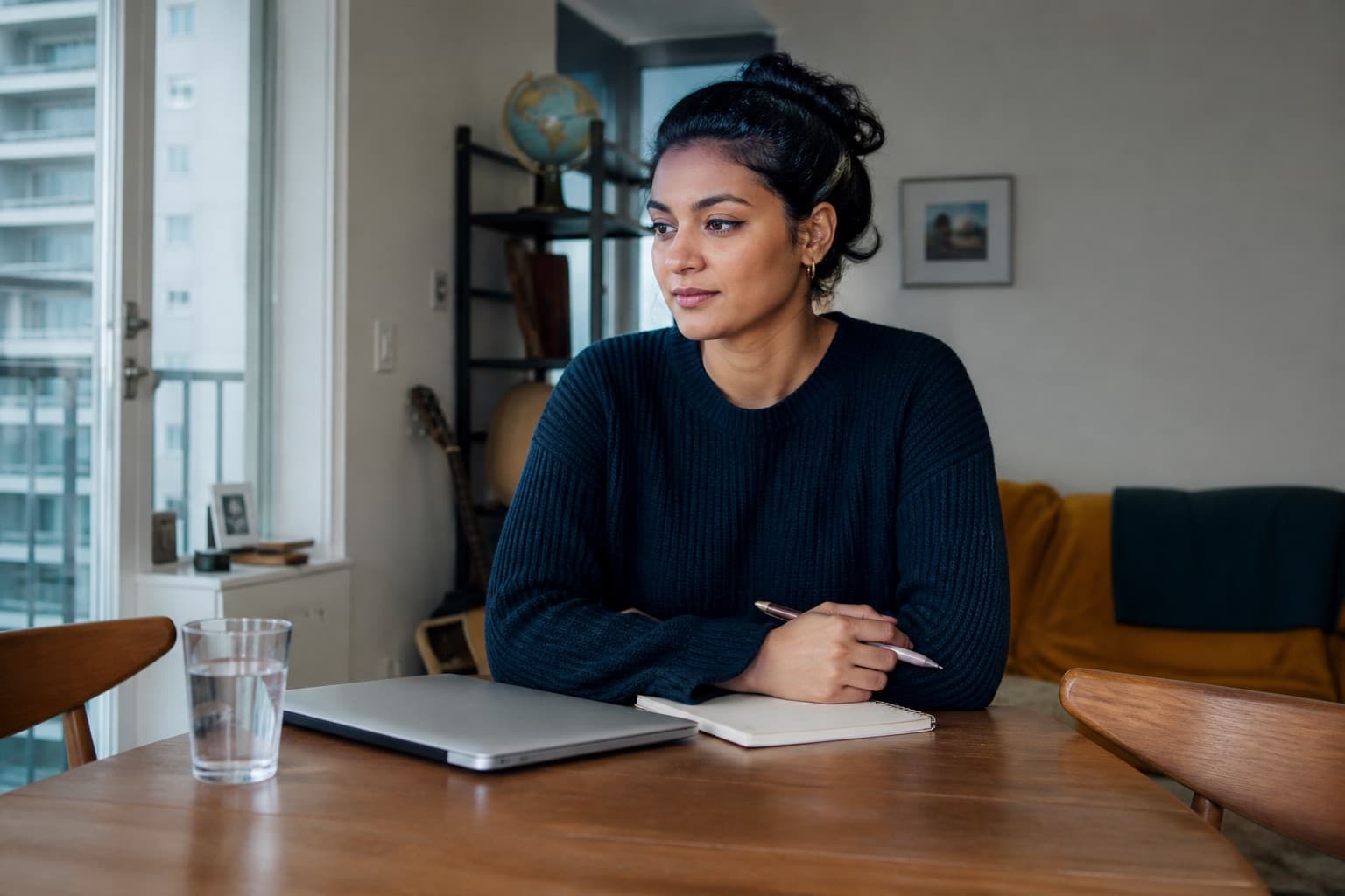 A woman preparing privately at home for an online contraception conversation