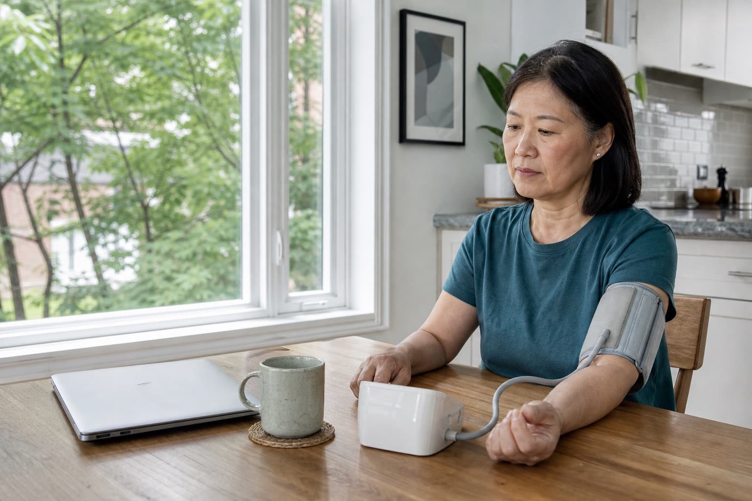 A woman taking an upper-arm blood-pressure reading at home before a virtual visit