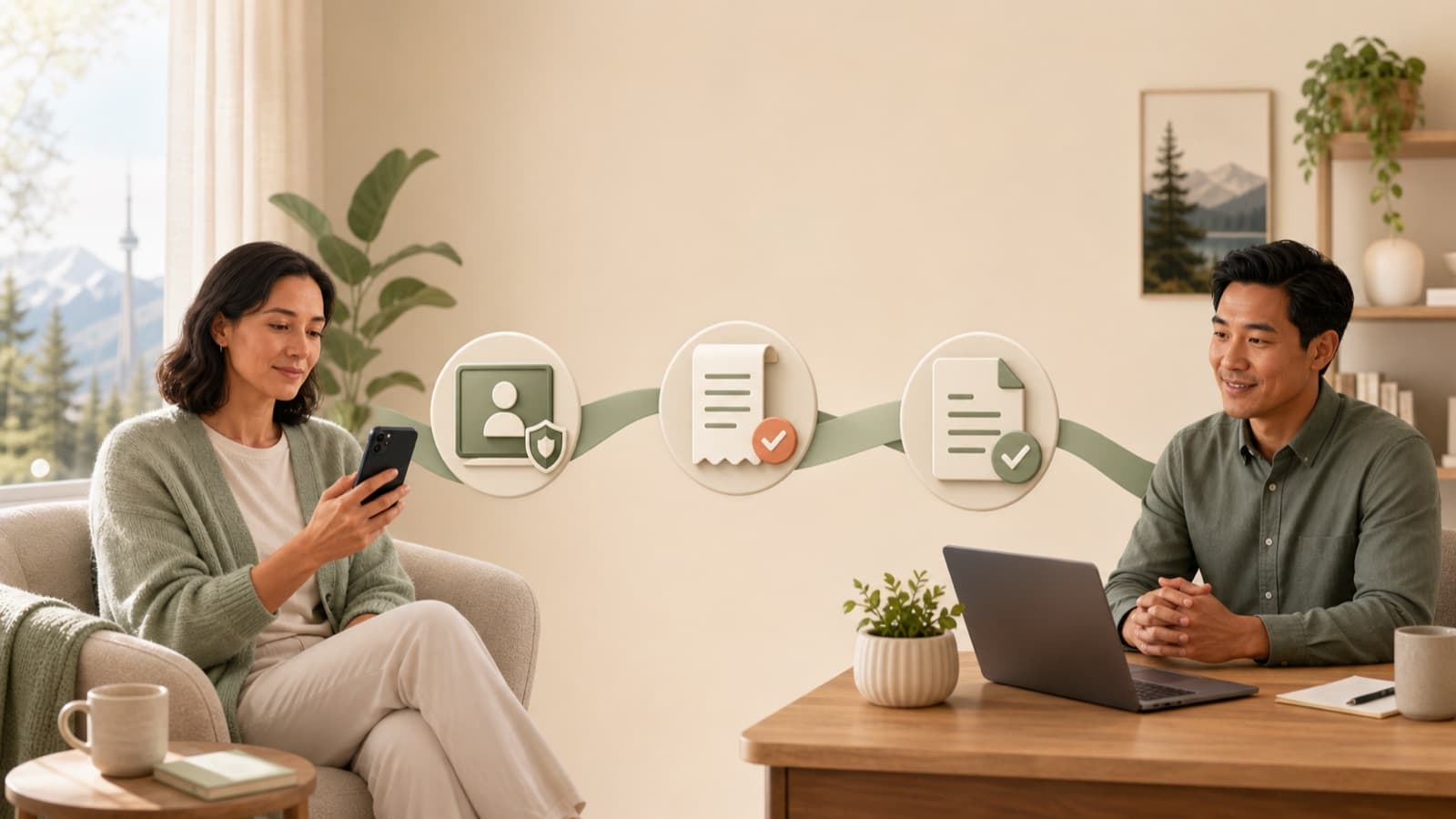 A patient and clinician connected through MedVibe with symbols for a consultation, receipt, and administrative form