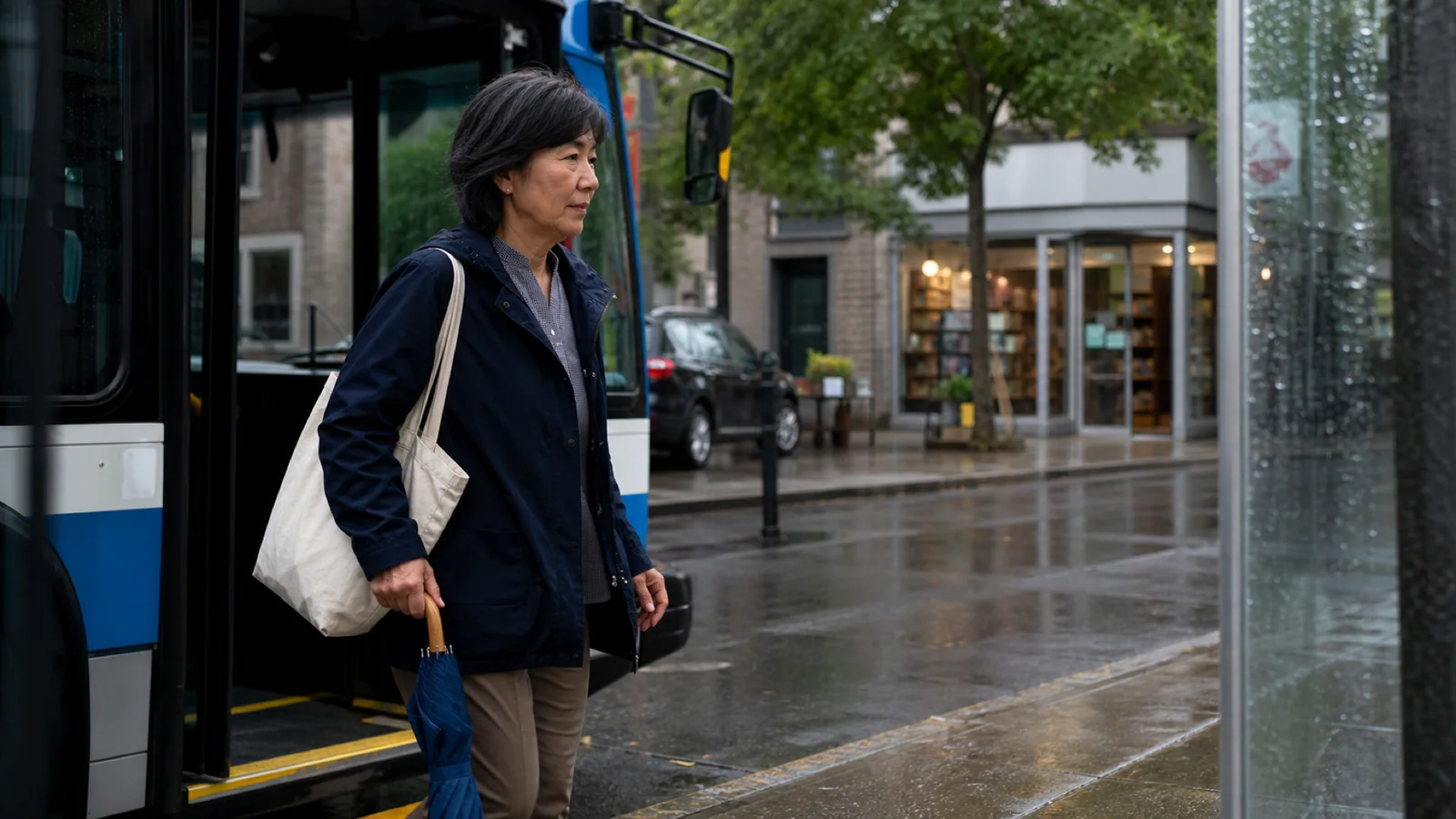 An older Montréal woman steps off a city bus after rain with a blue umbrella near a neighbourhood pharmacy.