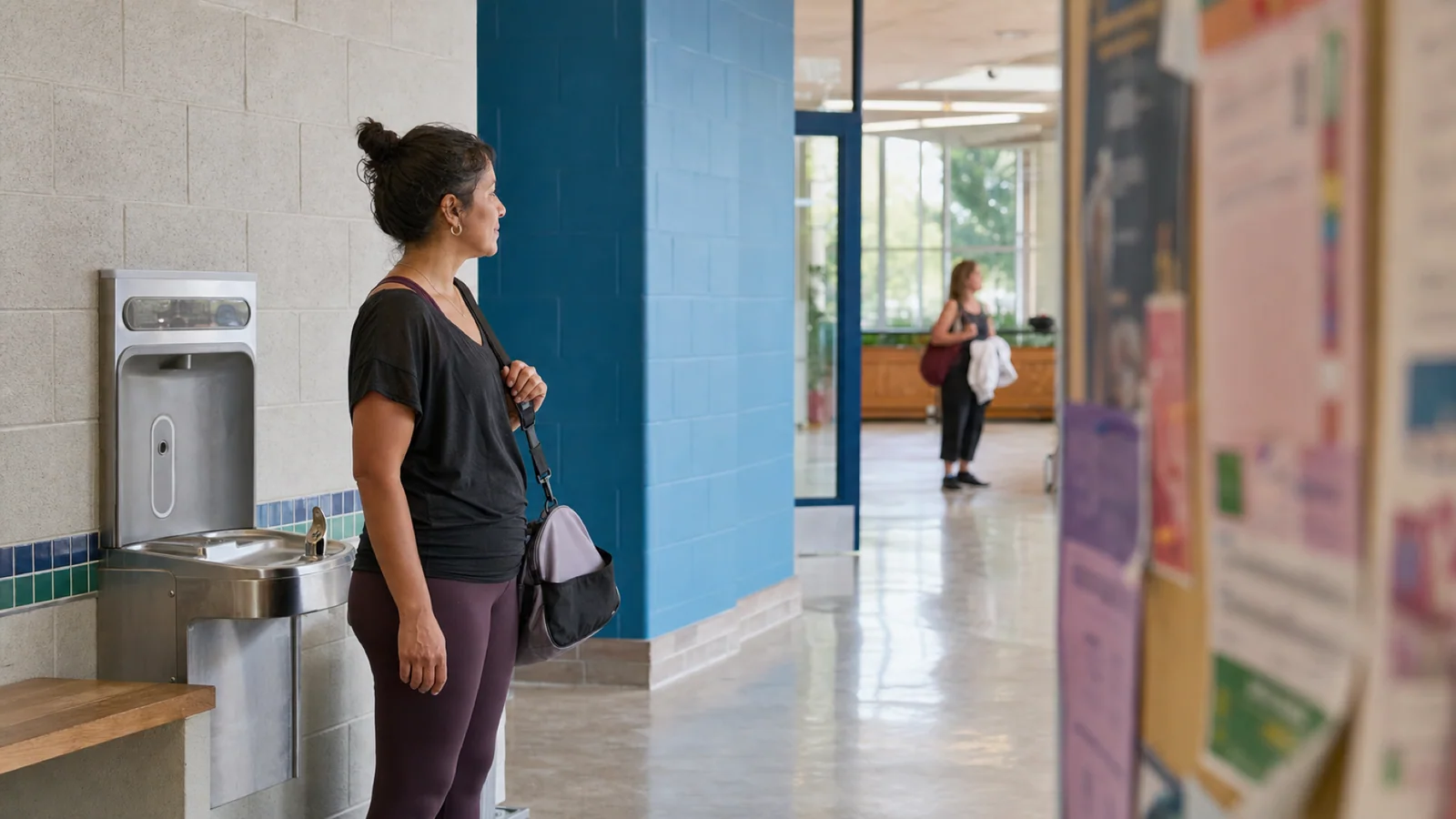 A woman pauses near a water fountain in a Montréal community centre.