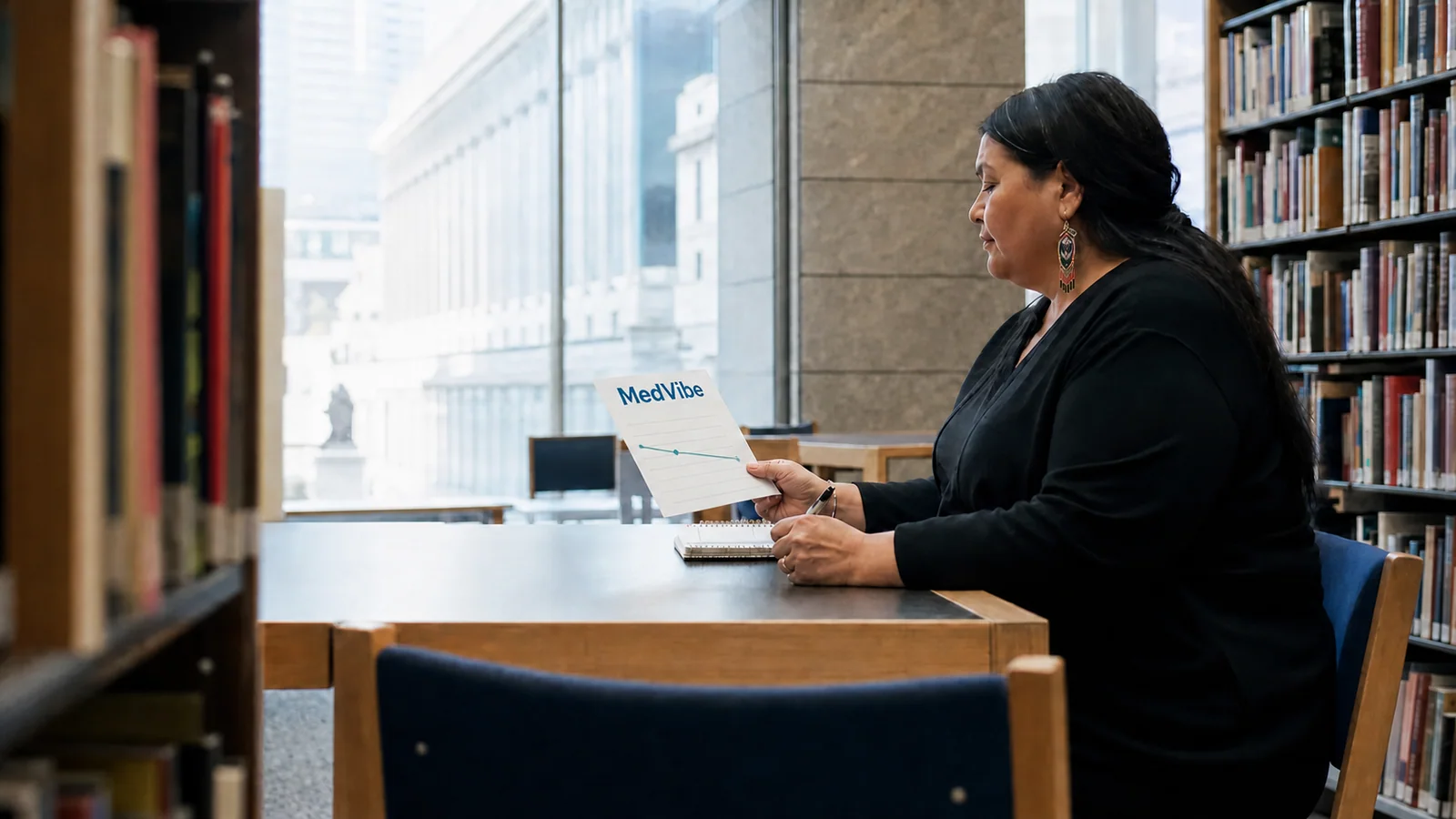 Une femme tient un graphique MedVibe de gestion du poids dans une bibliothèque publique de Montréal.