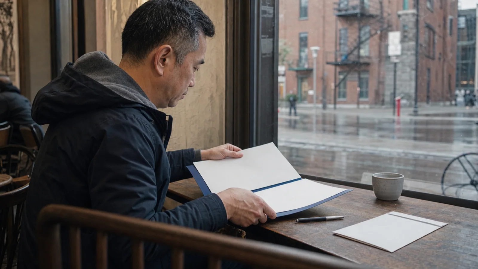 Un homme d’âge moyen examine des formulaires vierges dans un dossier bleu, dans un café de quartier à Montréal par un matin pluvieux.