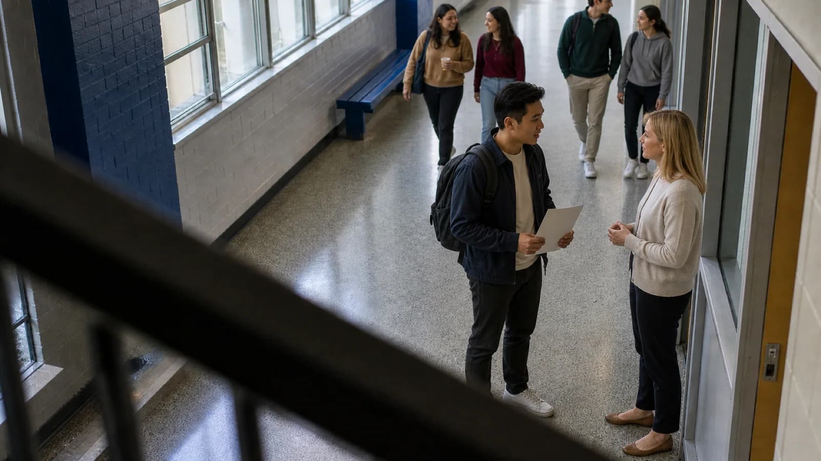 Un étudiant avec un sac à dos tient une note en parlant avec une enseignante dans le corridor d’un campus ontarien.