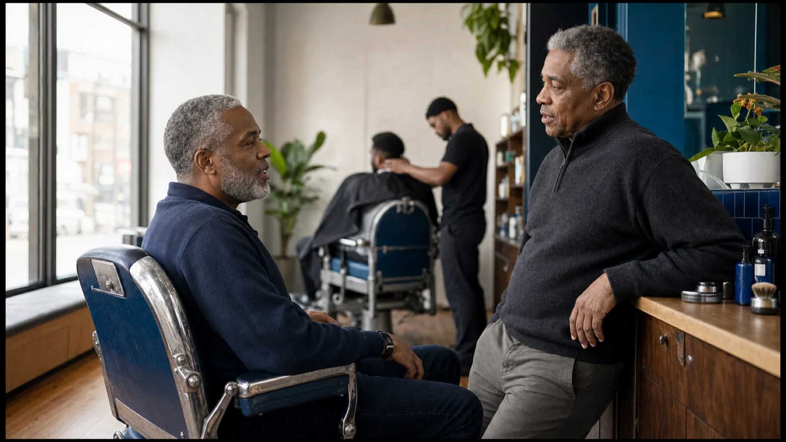 Two older Black Canadian brothers discuss a family health decision in a Toronto neighbourhood barbershop.