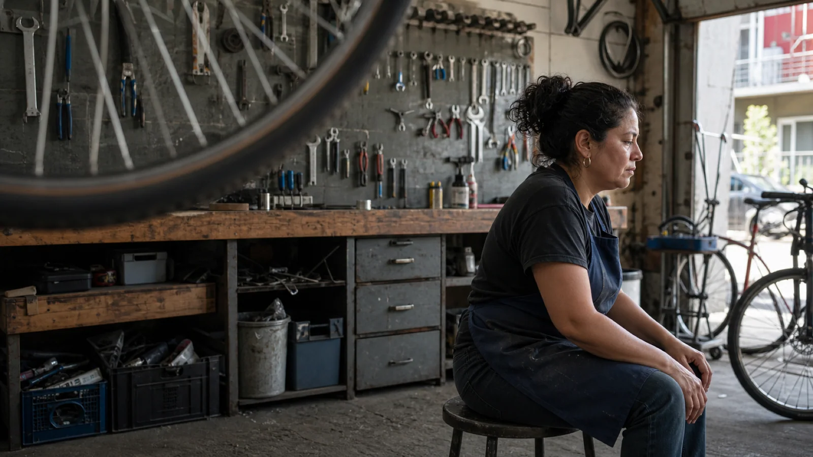 Une mécanicienne de vélo fait une pause dans un atelier coopératif montréalais éclairé par la lumière du jour.