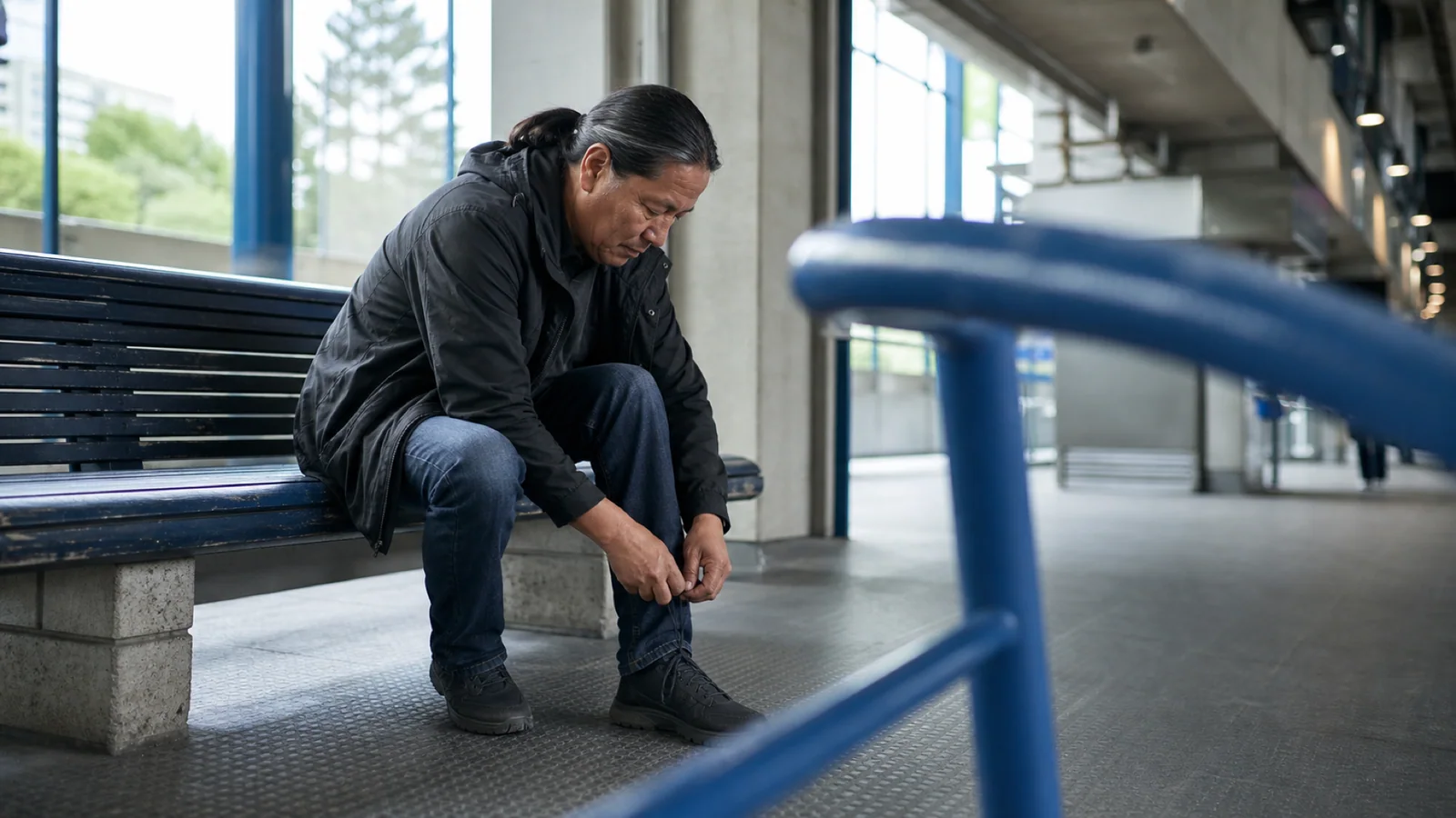 An Ottawa transit rider ties his shoe on a public-station bench before continuing his trip.