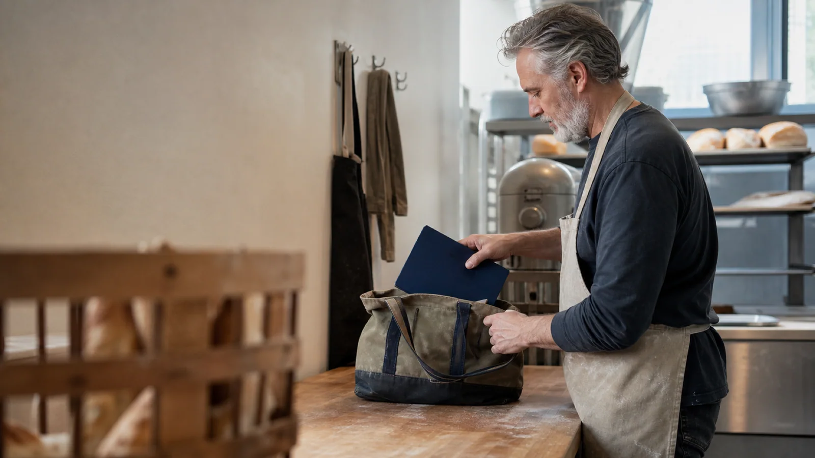 An experienced baker places a plain blue workplace-document folder into a canvas tote in an Ontario bakery workroom.