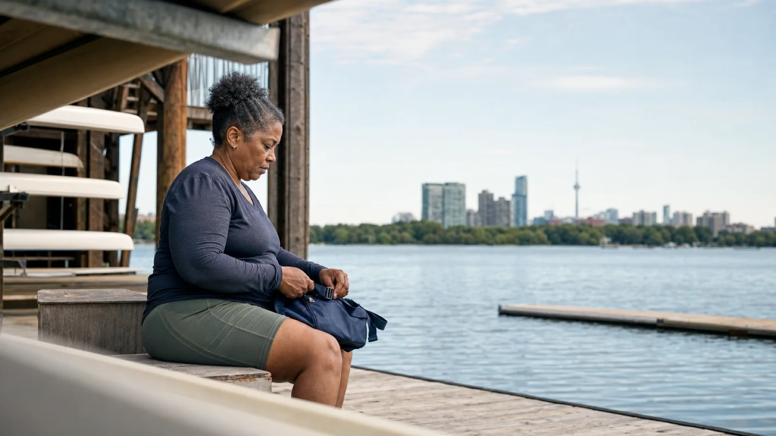 A woman pauses after recreational rowing at a Toronto waterfront boathouse and adjusts a plain blue gym bag.