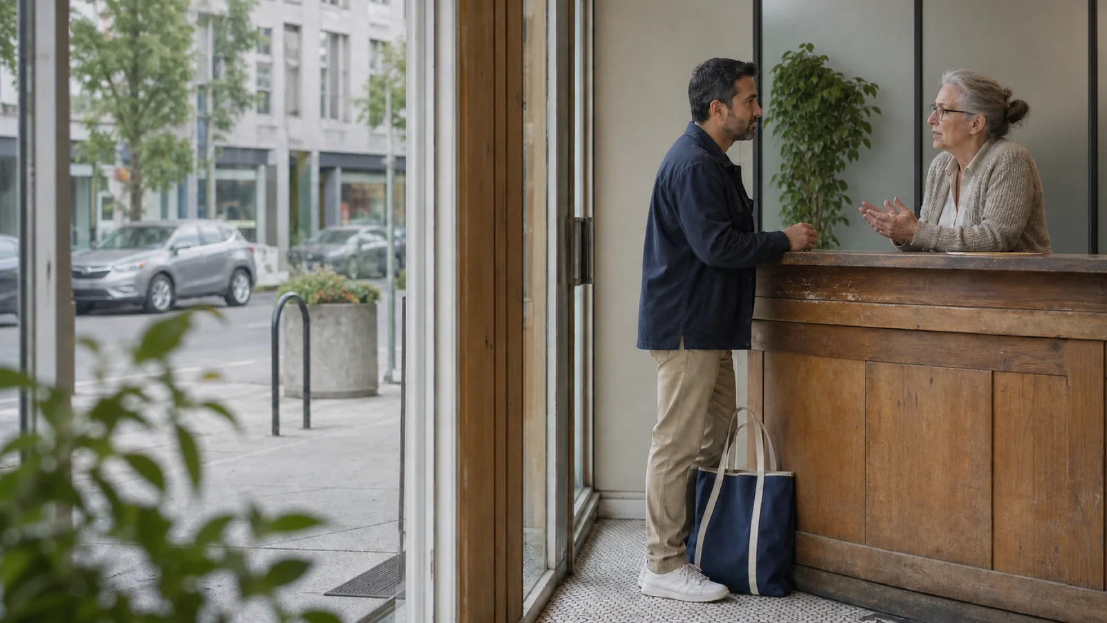 A man speaks in profile with a pharmacist at a neighbourhood pharmacy counter in Montreal.