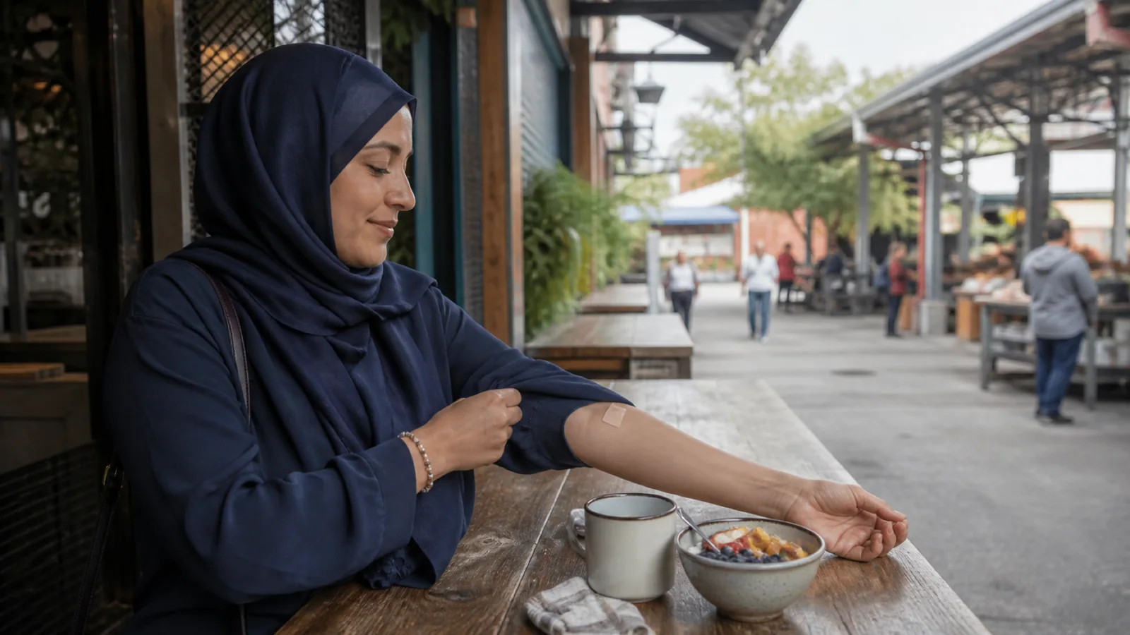 A Quebec woman rolls her sleeve over a small bandage after a blood test at a Montreal public market.