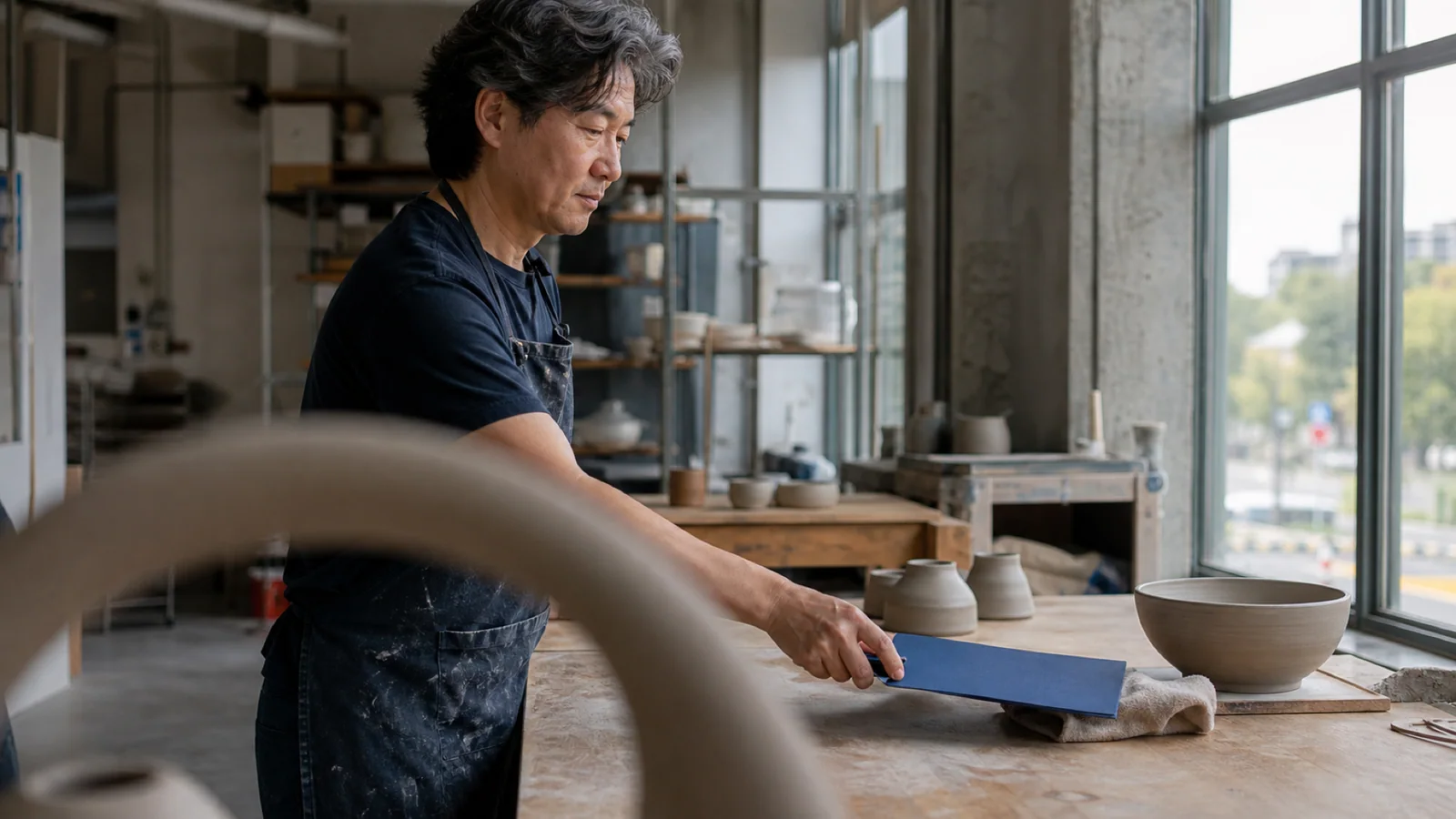 A pottery participant places a plain blue benefits folder on a worktable at a Toronto community arts centre.