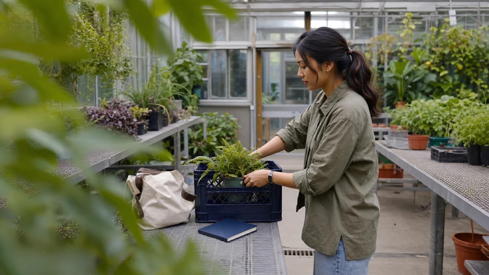 Une étudiante installe une fougère dans une caisse réutilisable, dans une serre horticole publique d’un campus ontarien.