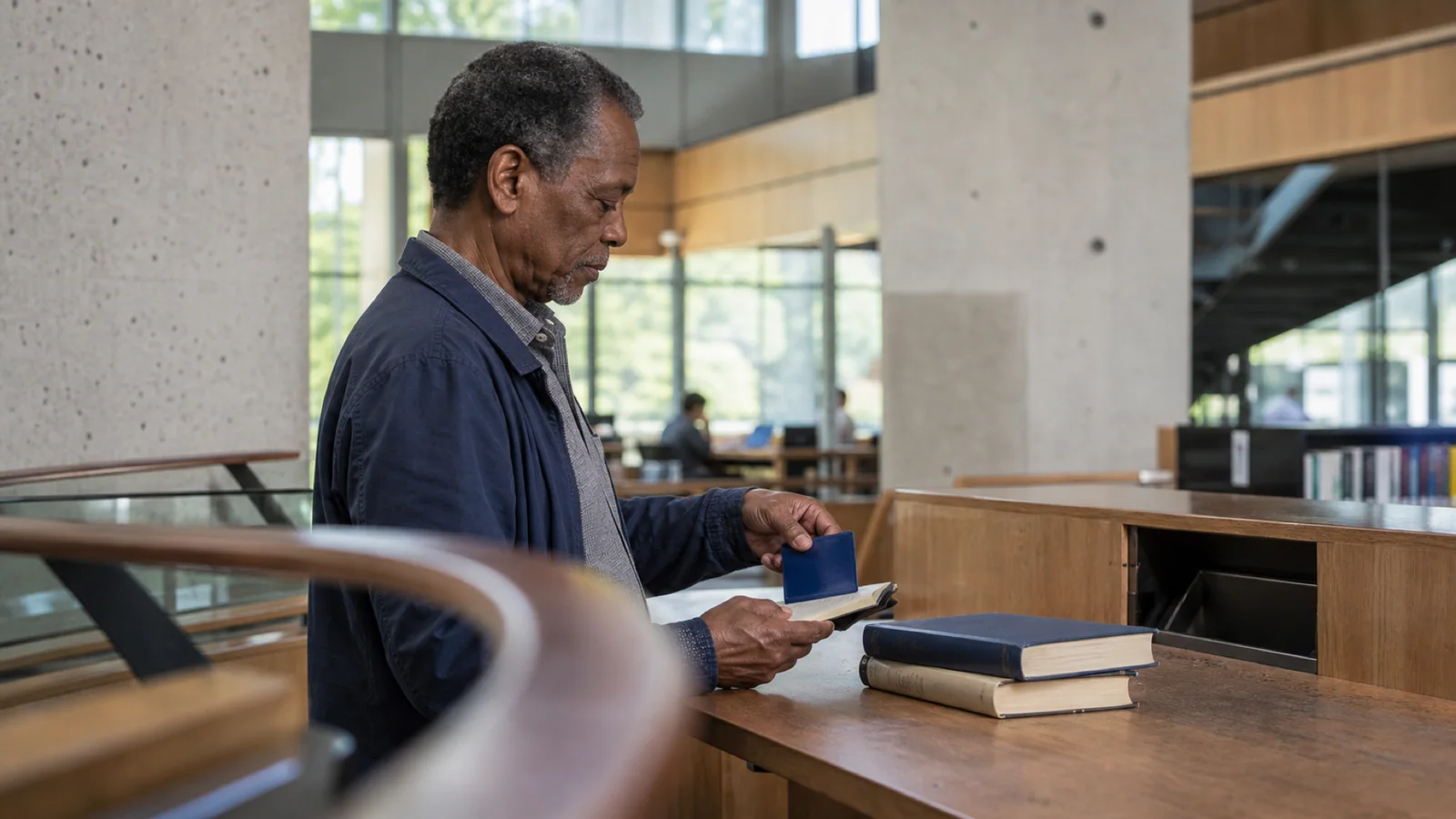 A Haitian Quebecer slips a blank blue card into a small planner at a Montreal public library counter.