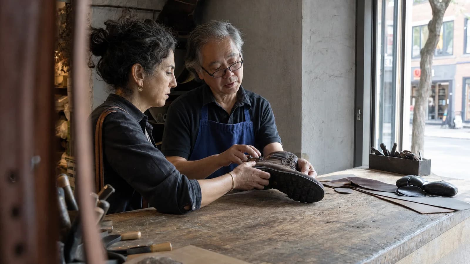 Dans une cordonnerie de quartier à Montréal, une cliente et un artisan comparent la semelle d’une botte avant de choisir une réparation.
