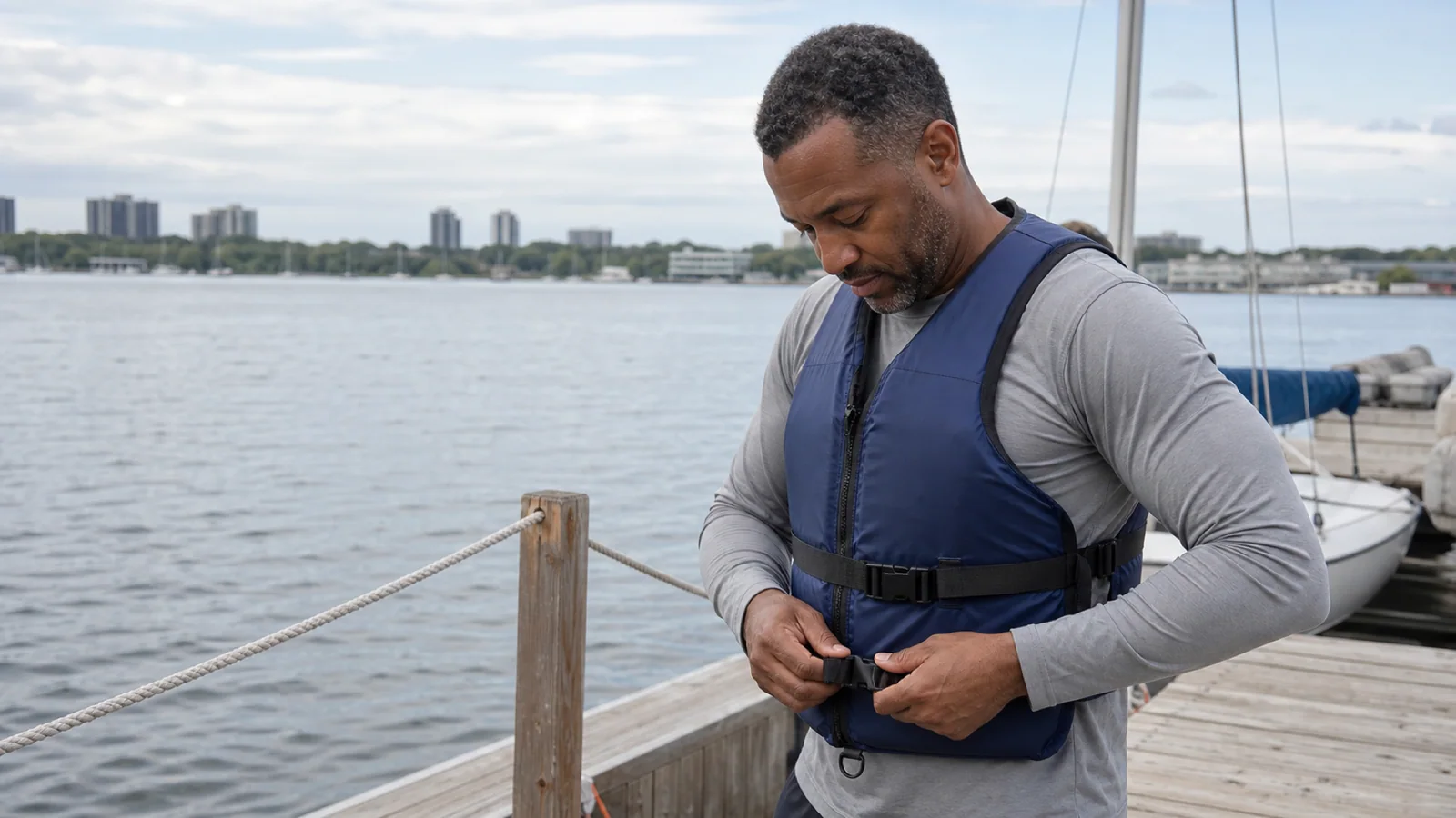 Un homme ajuste son gilet de sauvetage bleu sur un quai de voile communautaire au bord de l’eau à Toronto.
