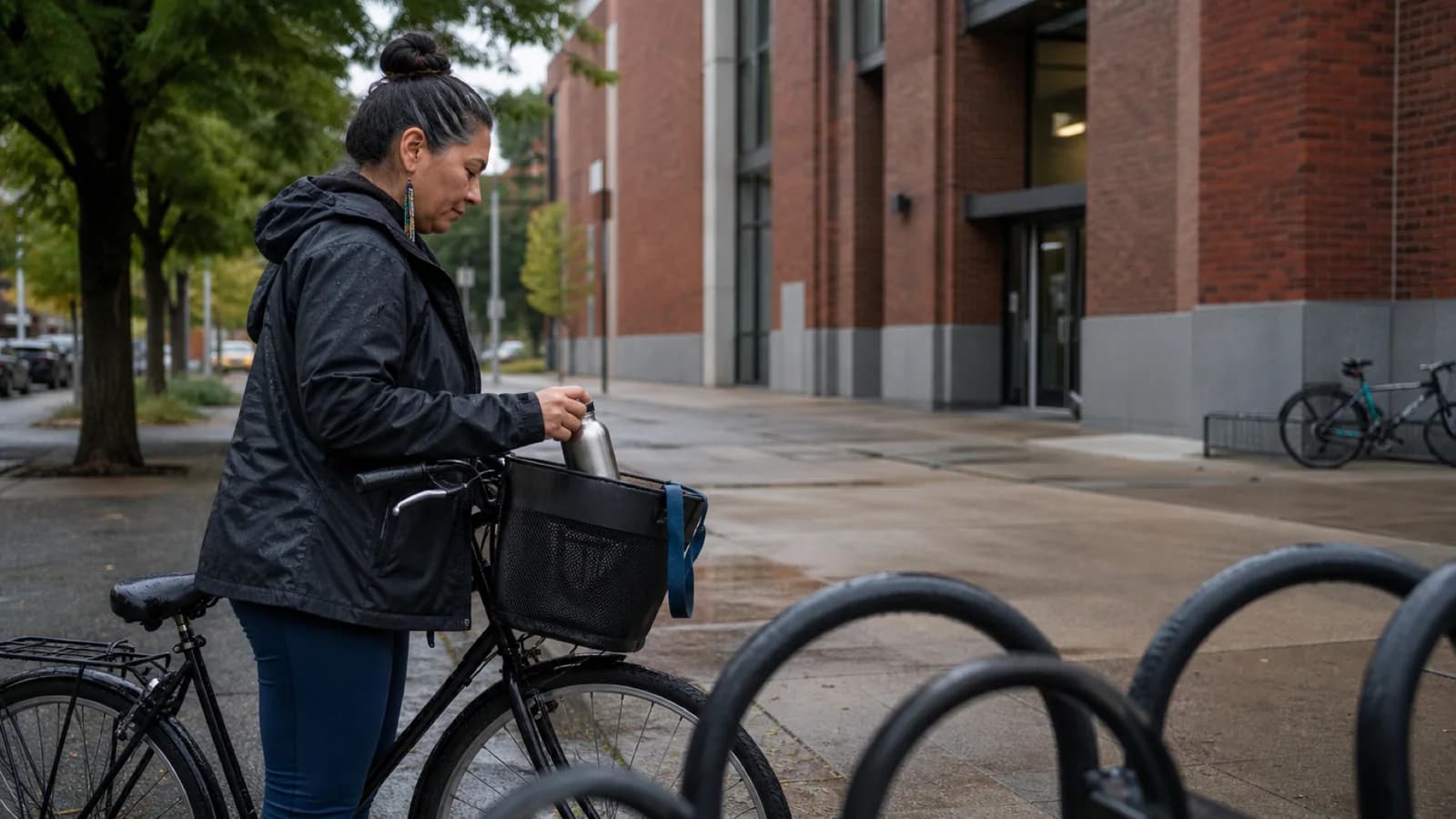 Une femme québécoise range une bouteille réutilisable dans le panier de son vélo devant un complexe sportif communautaire de Montréal après la pluie.