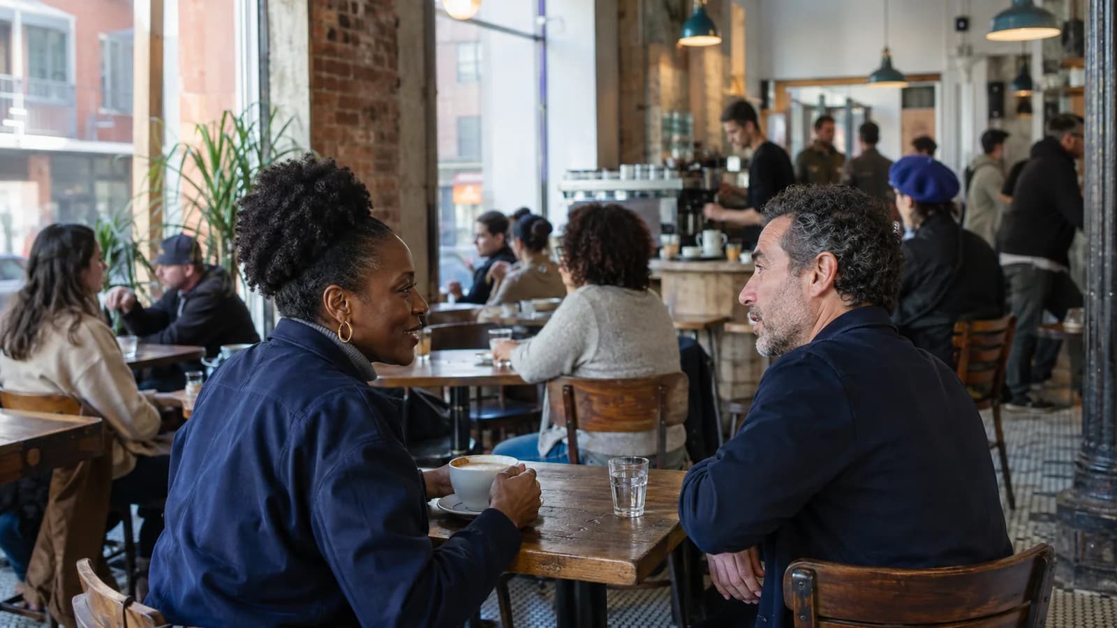 Two friends chat over coffee in a lively Montréal café with exposed brick walls and large windows.