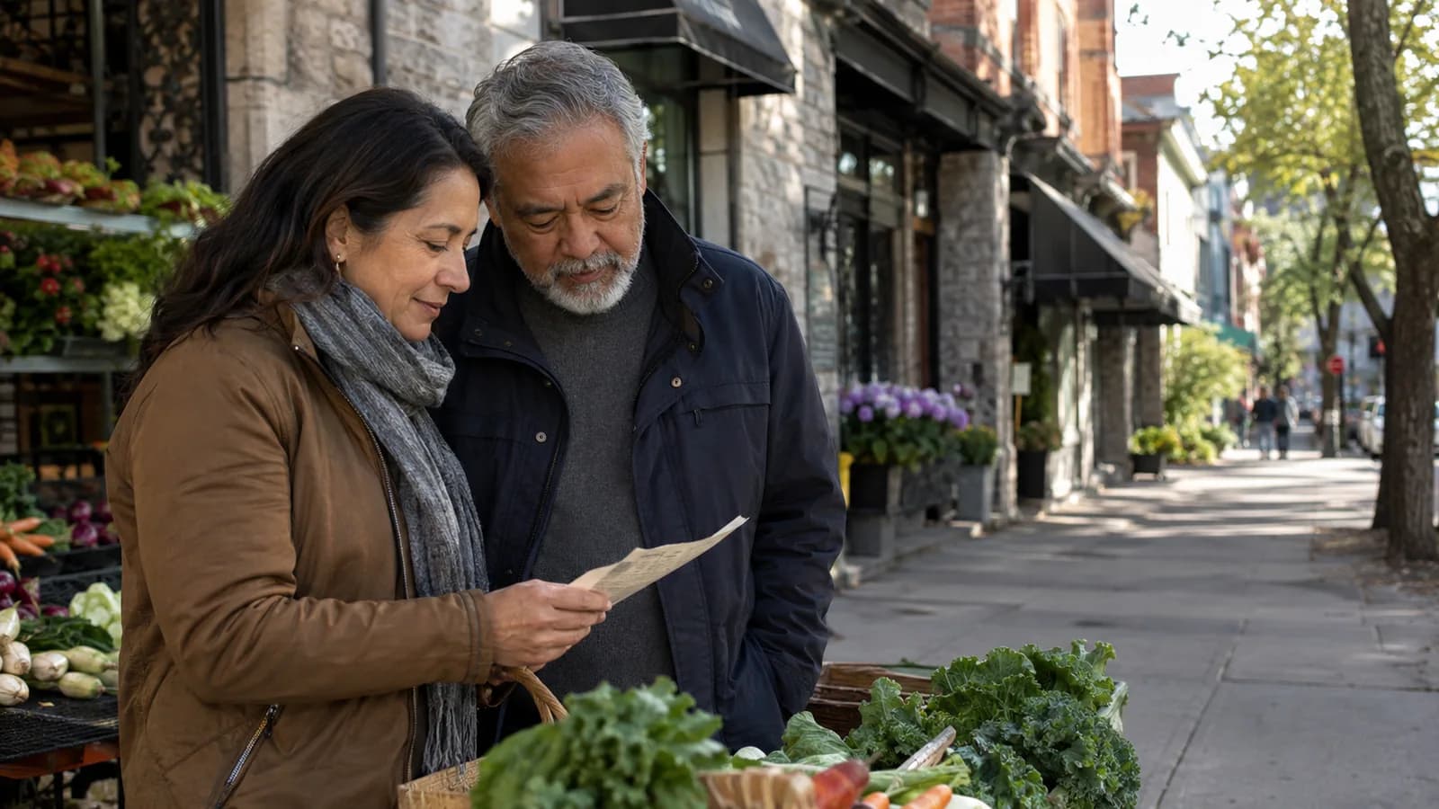 Deux adultes consultent calmement une liste de courses près d’un marché de quartier montréalais.