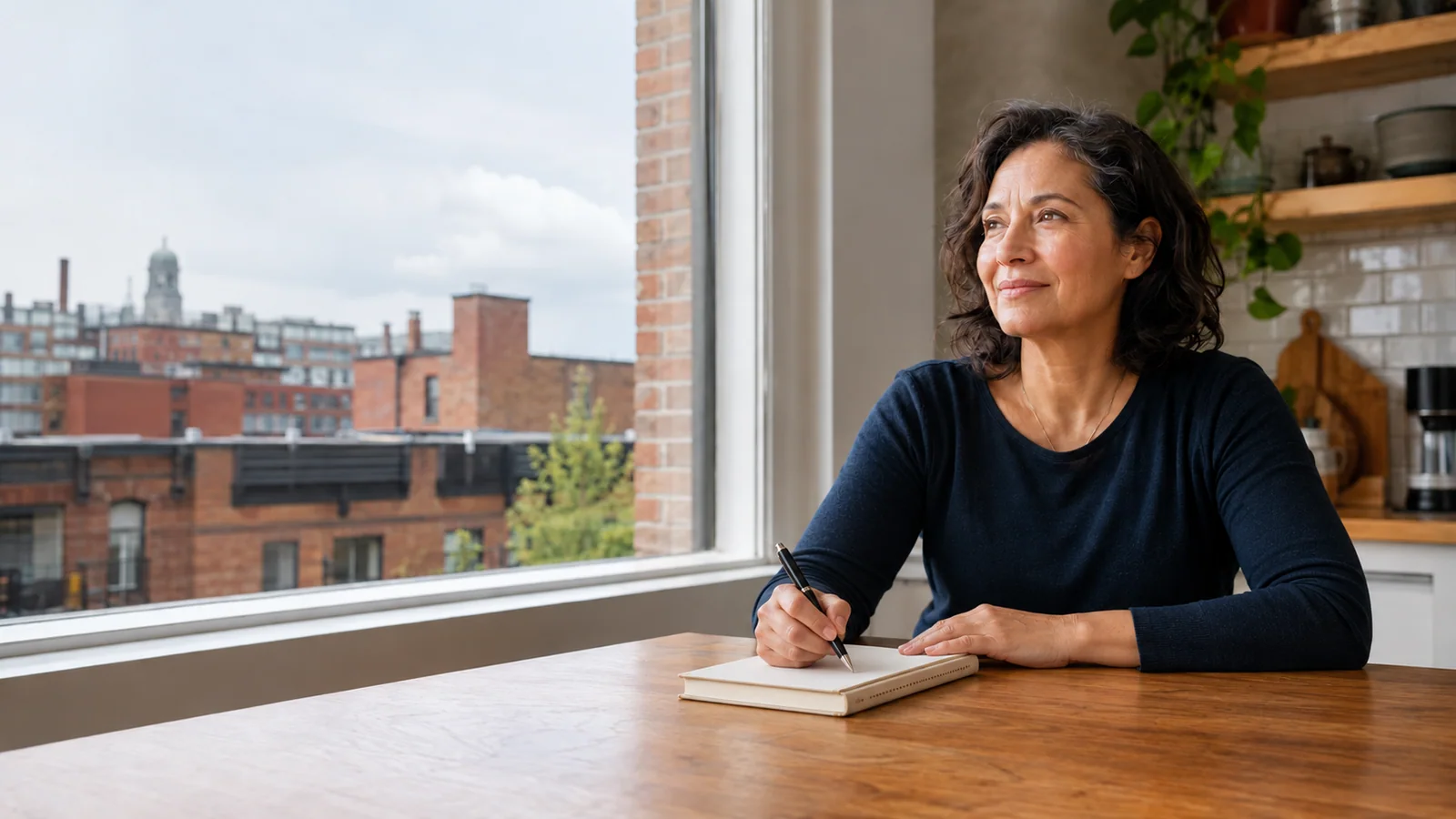 A woman prepares a readings log at a kitchen table beside a window overlooking a Montreal neighbourhood in autumn.