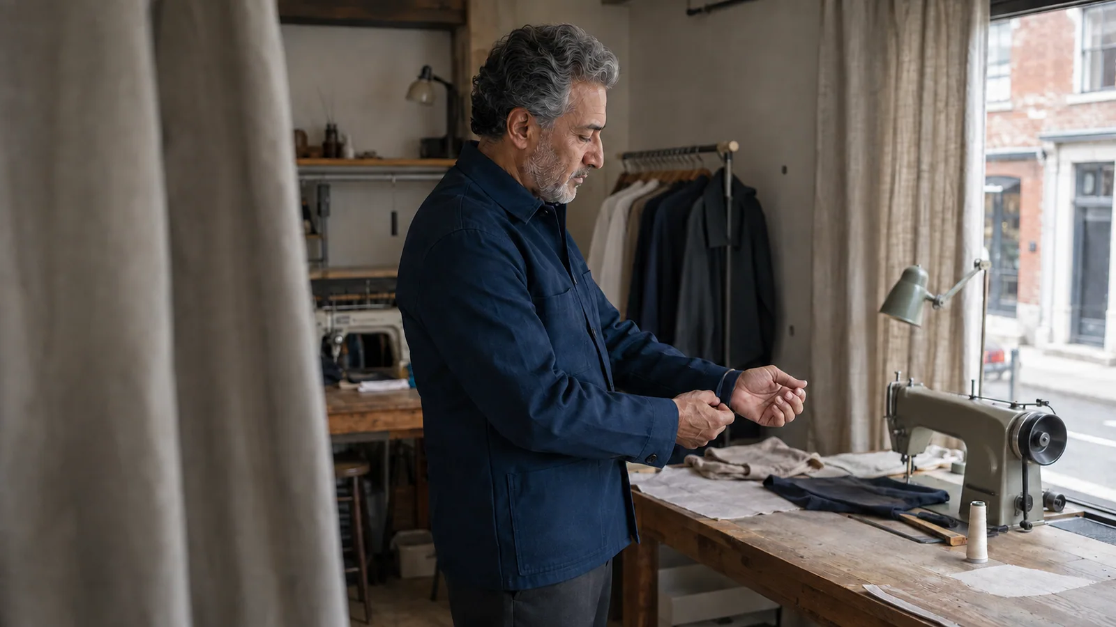 In a Montreal neighbourhood alterations studio, a man in his fifties stands in side profile adjusting the sleeve of a deep-blue jacket in balanced natural light.