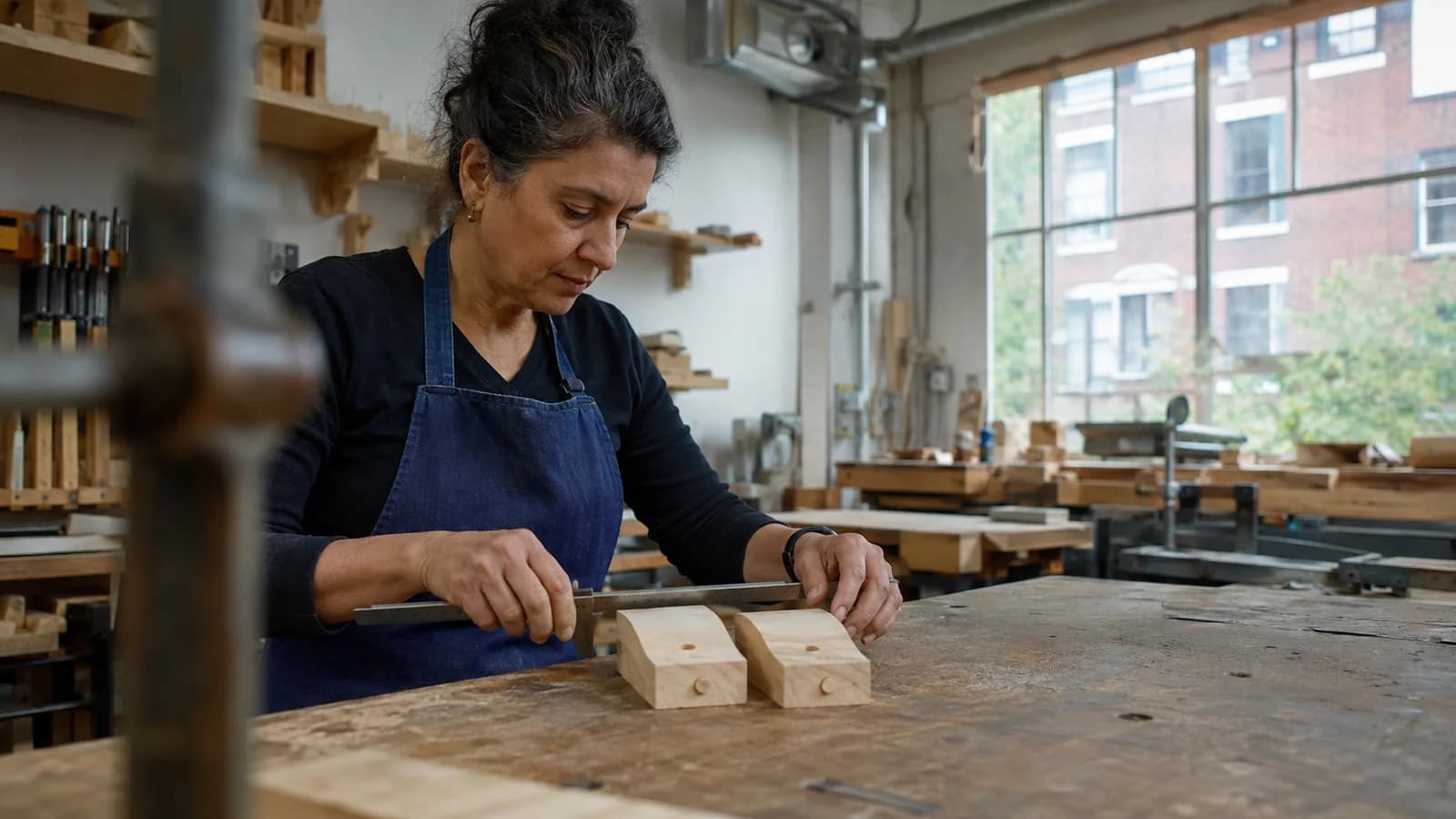 Dans un atelier communautaire de menuiserie à Montréal, une femme d’une soixantaine d’années en angle trois-quarts compare deux pièces de bois identiques à l’aide d’un outil de