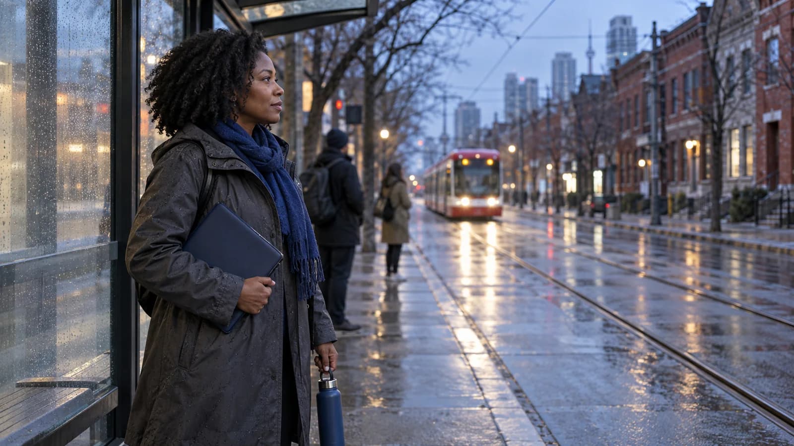 À un arrêt de tramway torontois après la pluie, une femme d’une quarantaine d’années en angle trois-quarts tient un dossier bleu fermé et une bouteille d’eau avant un rendez-vous
