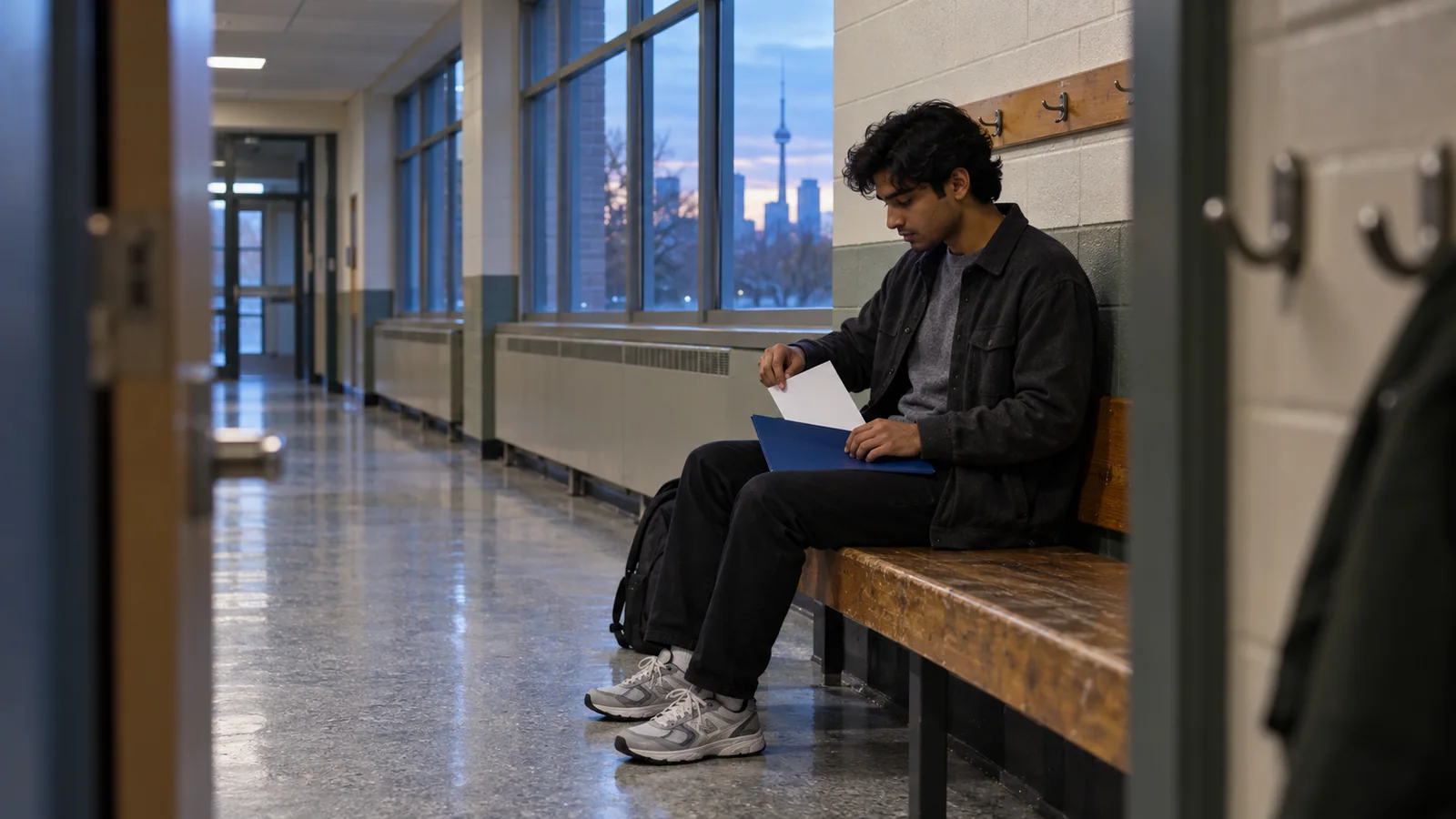 In a Toronto adult-learning centre corridor, a 19-year-old student in natural three-quarter profile slides a blank sheet into a deep-blue folder.