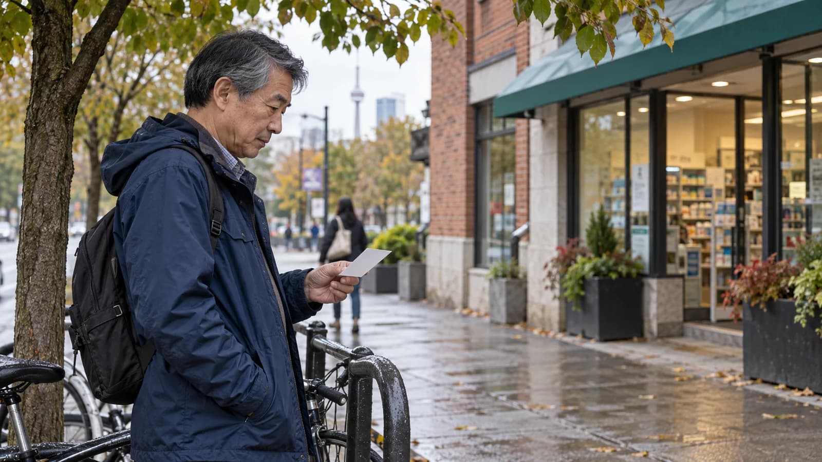 À Toronto, un homme devant une pharmacie consulte une feuille près d’un support à vélos, sur un trottoir mouillé.