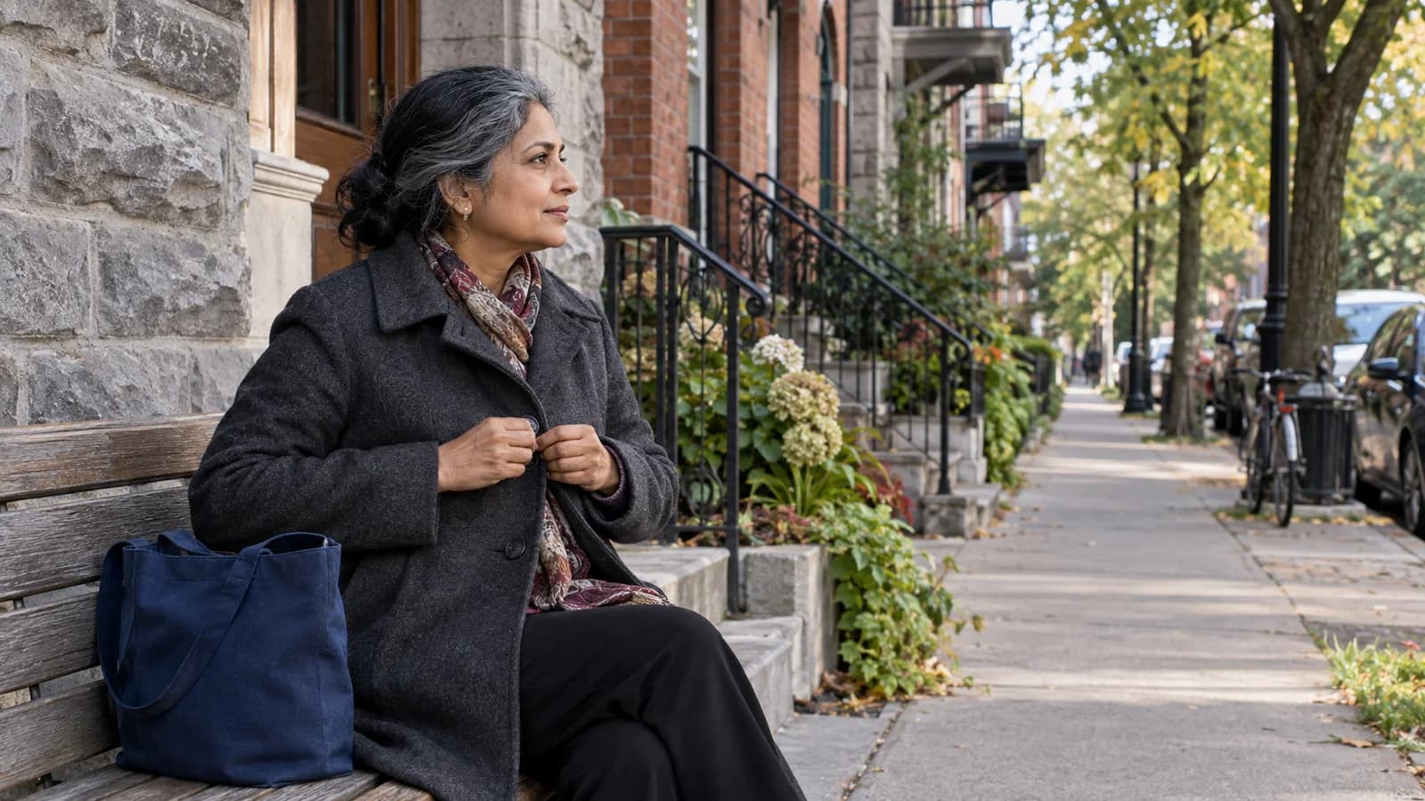 In Montréal, a woman in her late fifties sits on a bench outside a neighbourhood building and buttons her coat in profile, with a blue canvas tote beside her.