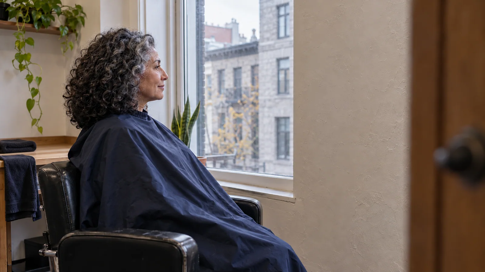Dans un salon de coiffure montréalais, une femme aux cheveux bouclés grisonnants, vue de profil sous une cape bleu marine, regarde par la fenêtre.