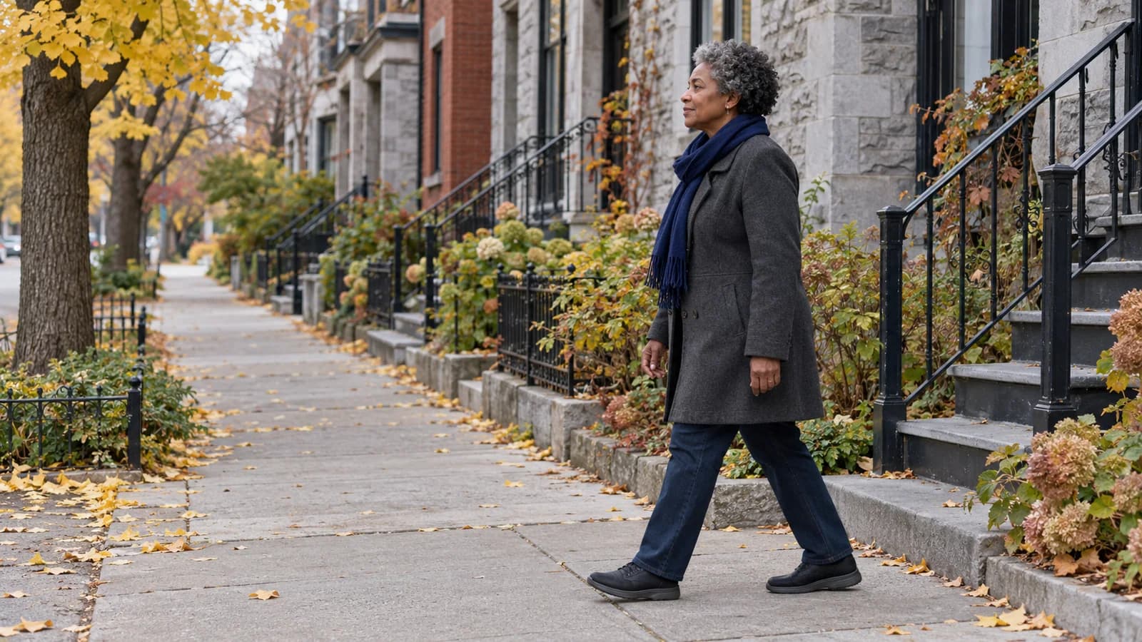A woman with short grey hair, seen in profile, walks along a Montreal sidewalk lined with stone houses and autumn trees.